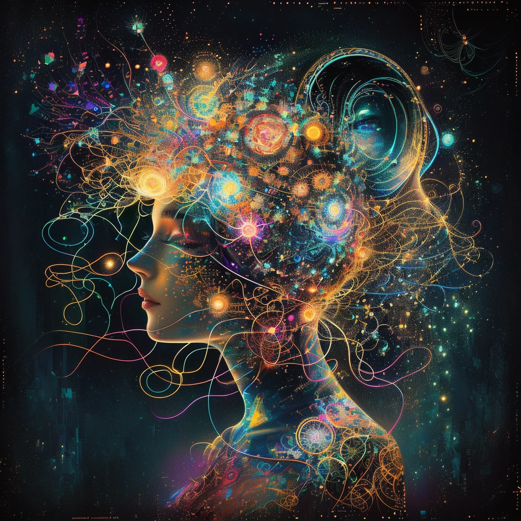 painting of a woman with a head full of colorful lines, synesthesia, cosmic energy wires, intricate digital painting, elaborate digital art, lucid and intricate, highly intricate in technicolor, distributed consciousness, intricate transhuman, psychedelic interconnections, dreamy art, intricate digital artwork, circuitry visible in head, by Kurt Roesch, beautiful digital artwork