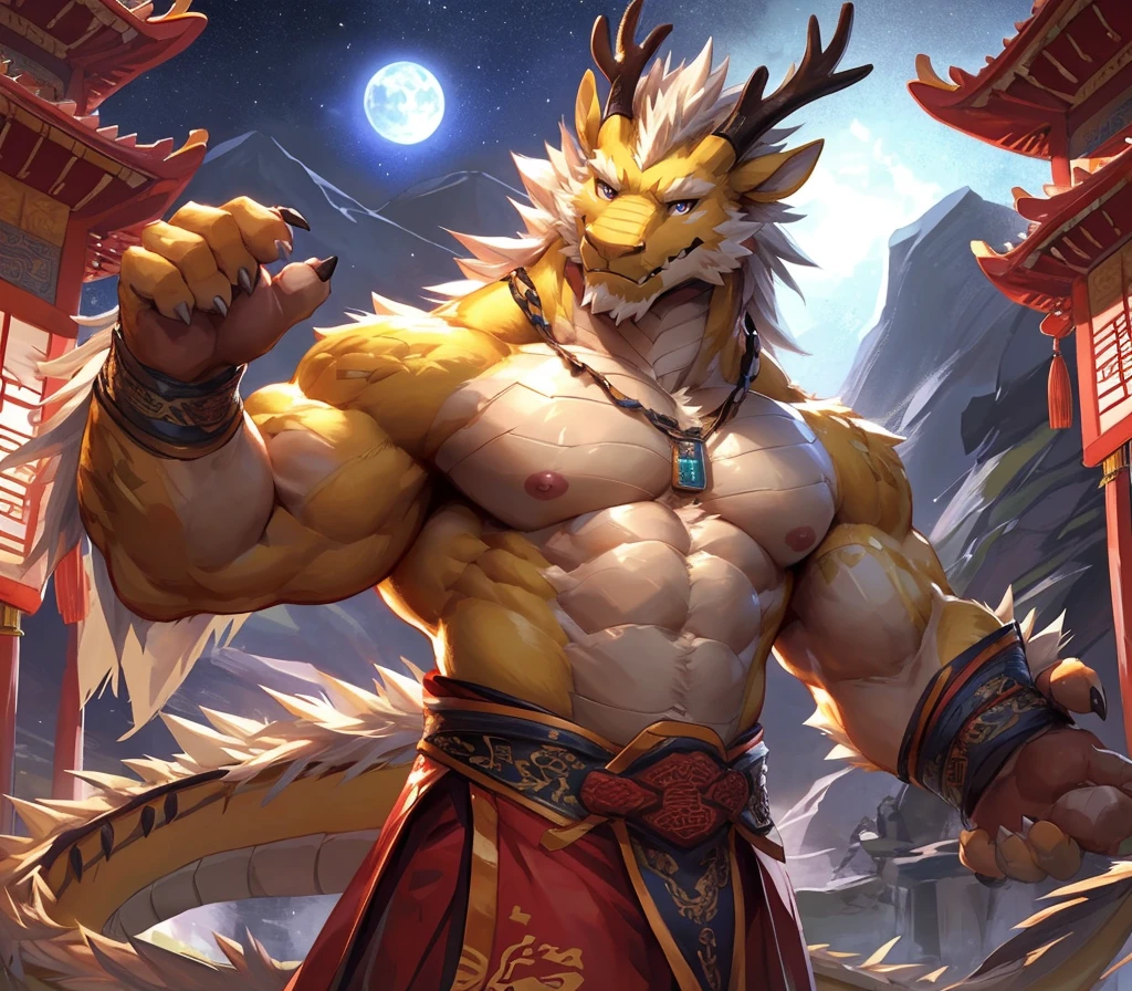 absurdres, ((best quality)), ((masterpiece)), (ultra detailed),perfect face,antro oriental dragon:2.5, male , (((chinese dragon))):2.5, (((eastern dragon))):2.5,(yellow body), (strong beefy muscular body), (abs, strongmuscles, 8 pack), furry, handsome,Beautiful and delicate eyes, (ultra detailed eyes, mauve color eyes, sharp eyes), night, traditional, detailed scene,full body, (traditional chinese attire),hanfu, shirtless, topless, pink nipples, (by null-ghost, by lindong), (full body), wearing random pattern necklace, claws, ((fluffy fur, fluffy, furry body)), (a pair of dragon antler), upper body naked