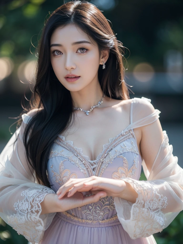 (best quality,4k,8k,highres,masterpiece:1.2),ultra-detailed,(realistic,photorealistic,photo-realistic:1.37), HDR, UHD, studio lighting, ultra-fine painting, sharp focus, physically-based rendering, extreme detail description, professional, vivid colors, bokeh, portraits, brunette girl, long hair, evening dress, beautiful detailed eyes, beautiful detailed lips, extremely detailed eyes and face, long eyelashes, delicate and radiant skin, elegant and confident posture, graceful hand gestures, enchanting smile, intricate lace embroidery on the dress, flowing and ethereal fabric, soft color gradient from dusky purple to midnight blue, warm and subtle golden highlights, gentle moonlight illuminating the surroundings, soft shadows creating depth and dimension.