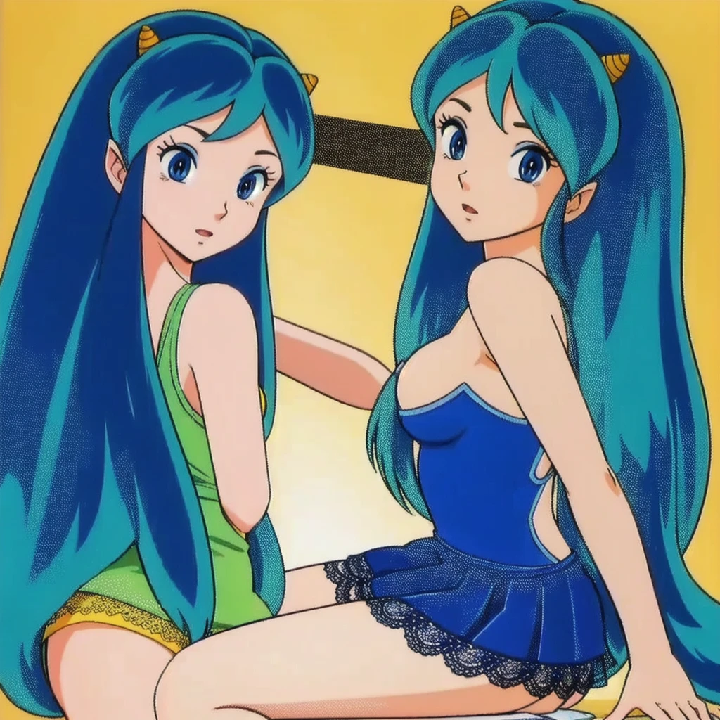 (Realistic:1.5) a girl, solo, long hair, blue eyes, green hair, horns, Lace skirt with a tank top, yellow background,