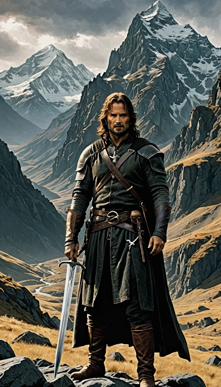 aragorn from the lords of the rings in front of a mountain, with his sword Andúril, holding the sword in front of him
