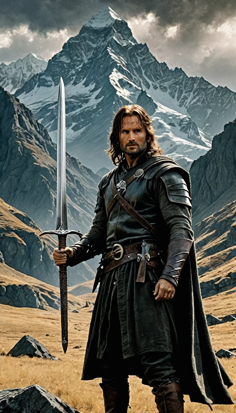 aragorn from the lords of the rings in front of a mountain, with his sword Andúril, holding the sword in front of him