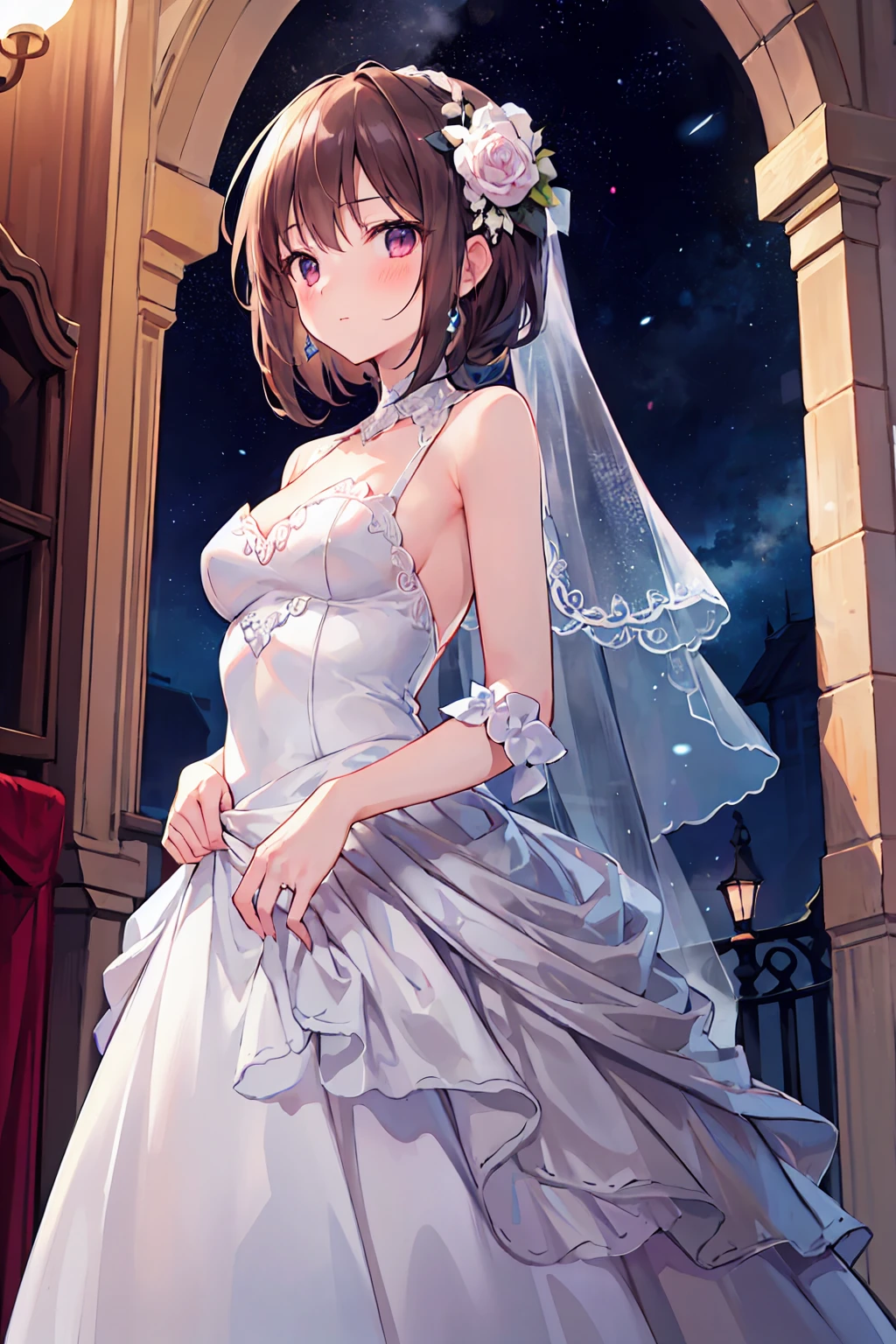 (Highest quality, High resolution, masterpiece:1.2,), figure, night, One girl, whole body, (Wedding dress), Put your arms behind your back, Wait for a kiss, View your viewers, Happy, blush,