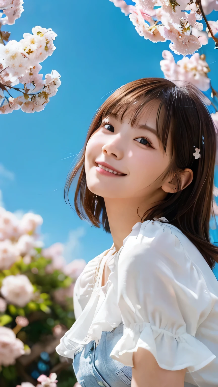 (Highest quality,masterpiece:1.3,Ultra-high resolution),(Very detailed,Caustics,8K),(Realistic:1.4,RAW shooting),1 Girl,sit,(smile),(looking at the camera),20-year-old,cute,Japanese,Natural brown medium hair,(White blouse),Denim mini skirt,glamorous,(big ),(breast focus),Grass,cherry blossoms,blue sky,sun,Natural light,(Lens flare),Professional Writing,(Bust up shot),(Tilt composition:1.3),(low position:1.4),(Low Angle:1.4)