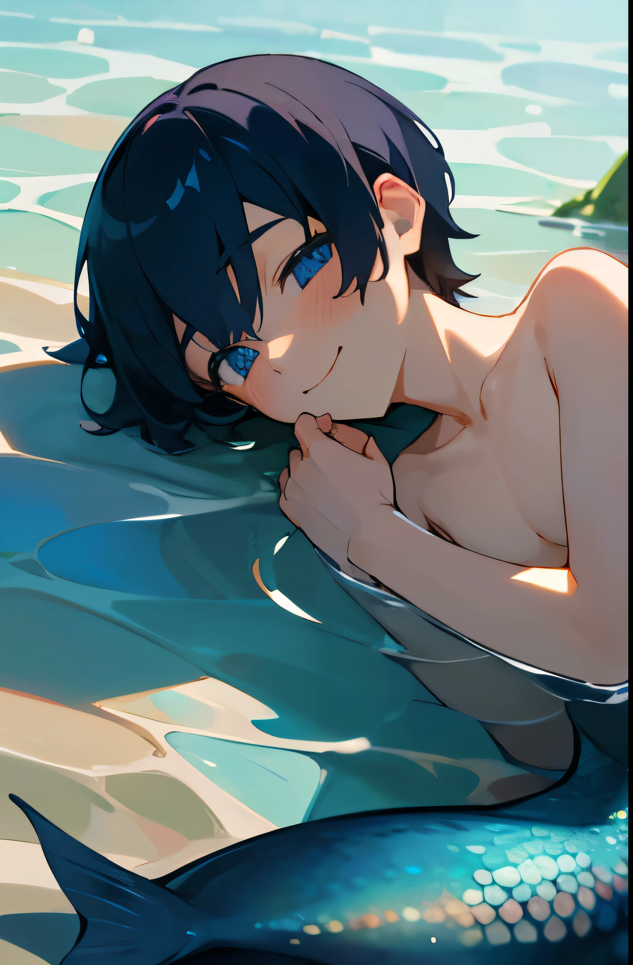 Best quality,high detail,masterpiece,1 man,dark blue short hair,blue eyes,top off, Mermaid ,river,shota,smiley face