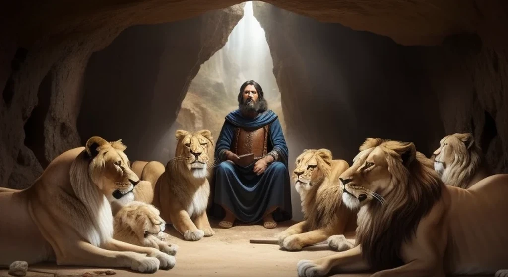 a photo of a man in a cave sitting in front of a group of lion, Cat God, King of Kings, lion, background story: Cave with lion, Epic Bible Representative, King of Beasts, God is watching me, directed by: Howard Lyon, King of the Jungle, Bible illustrations, biblical image, directed by: Leonardo Longo, King of the Jungle, prophetic art