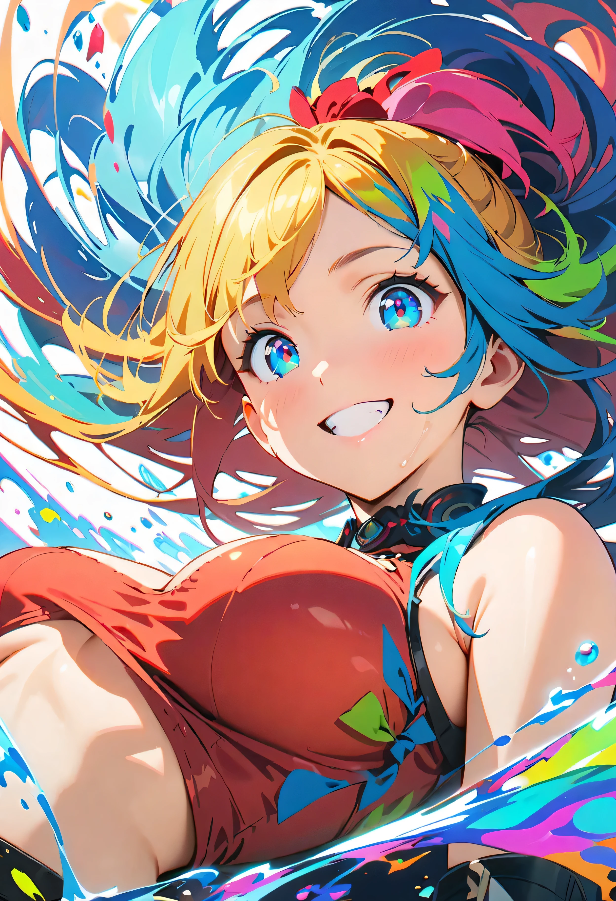 (masterpiece, Highest quality, Official Art:1.2), (colorful), Looking at the audience, One Girl, alone, White Background, floating colorful water, Ultra-fine illustrations, highly detailed, Dynamic Angle, beautiful detailed, 8K, break smiling amidst the colorful scenes, (Highest quality, masterpiece, High resolution, detailed), Anime Style, (Shining Eyes, detailed美しい顔), break,Dynamic Angle