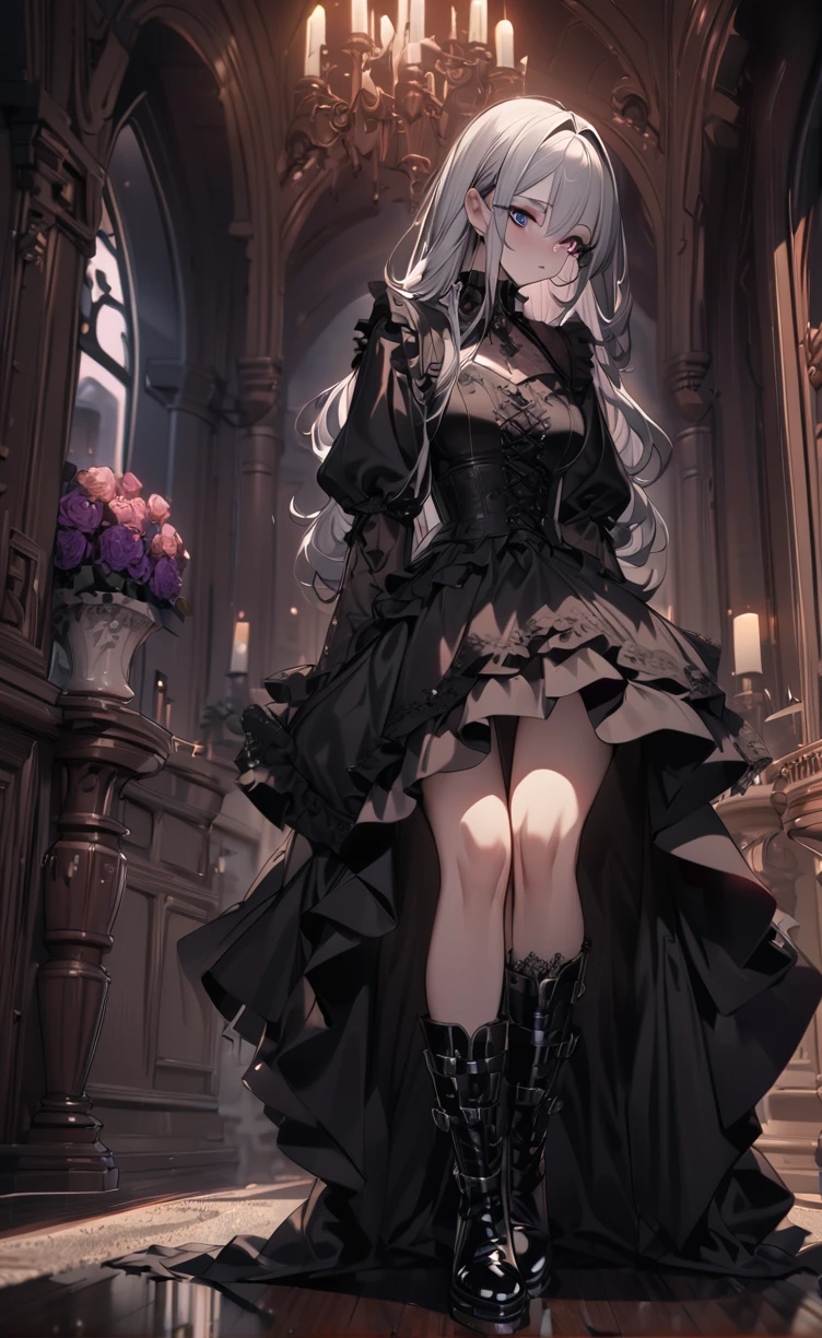 (masterpiece, beautiful, High resolution),One Woman、Dancing Alone、Realistic depiction、In a dark church at night、Black clothes、Black slit skirt、Black thigh-high socks、High heels、16K、Beautiful breasts、Black blindfold