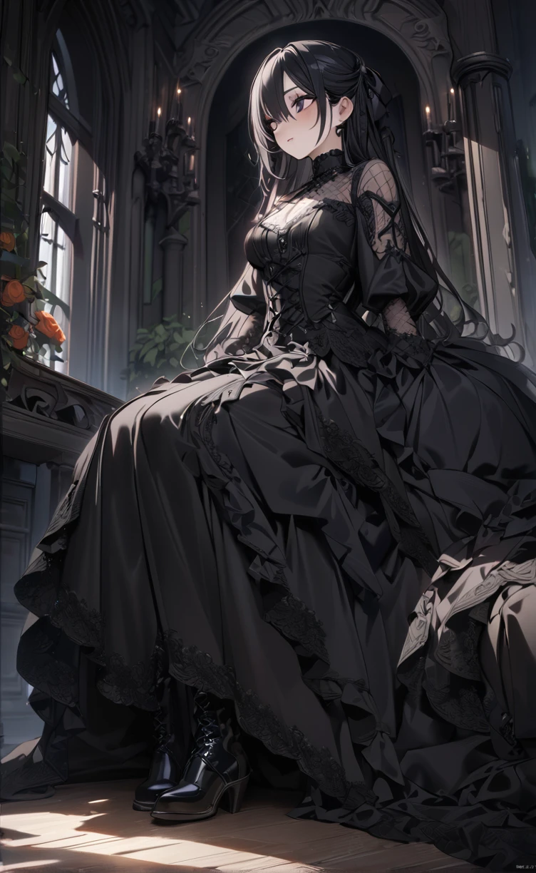 best quality, 8k, high resolution, high quality, perfect detailed face, detailed symmetric eyes, natural skin texture, detailed face, sharp focus, perfect composition, cinematic smooth, intricate detail, highly detailed, romantic couple, lovers , Gothic mansion, beautiful girl wearing goth dress and boots and handsome guy in goth clothes, romance