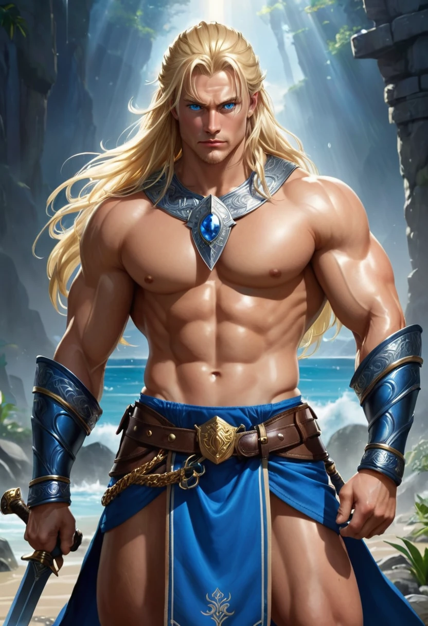 Ax-Battler is a 30-year-old man, an imposing and fearless Nordic warrior, with a tall stature, an athletic body with very robust and well-defined muscles. Her long, blonde hair falls over her shoulders, giving her a wild and untamed appearance. His blue eyes are piercing, he wears blue swim trunks, blue boots, silver bracelets and a golden necklace. On his belt, he carries small talismans and amulets. His countenance is serious. He wields only a long, shining sword. The sword's blade is polished and sharp, reflecting the light with a menacing shine., (Arms crossed posing for a photo), Ultra Realistic Style