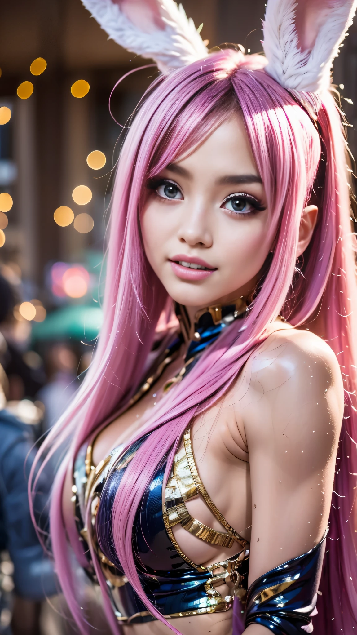 ( joyful expression:1.3), happy smile, anime style, a medium wide shot of a cartoon of a woman with ears and rabbit tail, with rabbit tail, with rabbit ears, girl design, mara, portrait, long hair, pink hair, hair covering ears, happy, polished and powerful look, exotic, tall, joyful expression, she is playful for the camera, model photoshoot, 