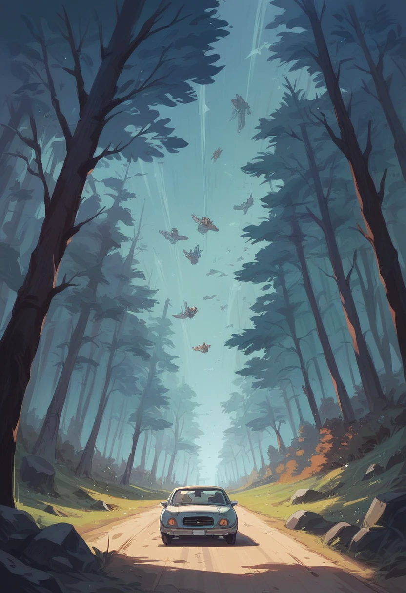 Dragons flying everywhere, at night , in the forest, tigers siting on the ground, highway in the forest, car parked somewhere, top quality 