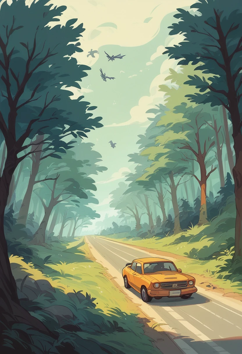 Dragons flying everywhere, at night , in the forest, tigers siting on the ground, highway in the forest, car parked somewhere, top quality