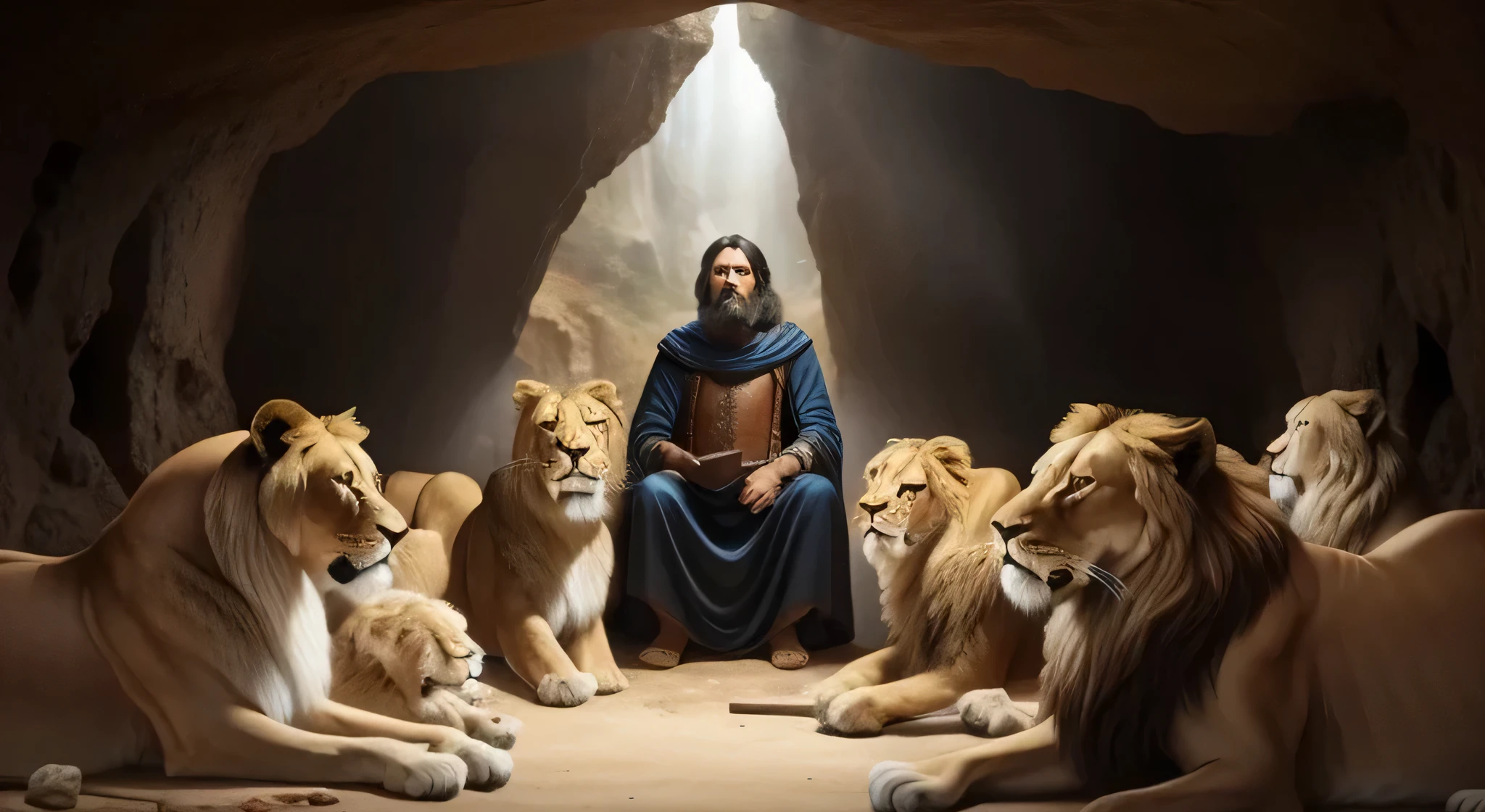 a photo of a man in a cave sitting in front of a group of lion, Cat God, King of Kings, lion, background story: Cave with lion, Epic Bible Representative, King of Beasts, God is watching me, directed by: Howard Lyon, King of the Jungle, Bible illustrations, biblical image, directed by: Leonardo Longo, King of the Jungle, prophetic art