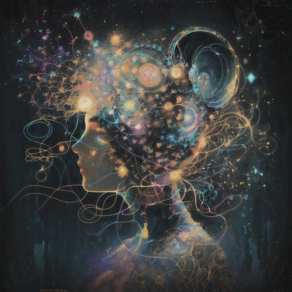 painting of a woman with a head full of colorful lines, synesthesia, cosmic energy wires, intricate digital painting, elaborate digital art, lucid and intricate, highly intricate in technicolor, distributed consciousness, intricate transhuman, psychedelic interconnections, dreamy art, intricate digital artwork, circuitry visible in head, by Kurt Roesch, beautiful digital artwork