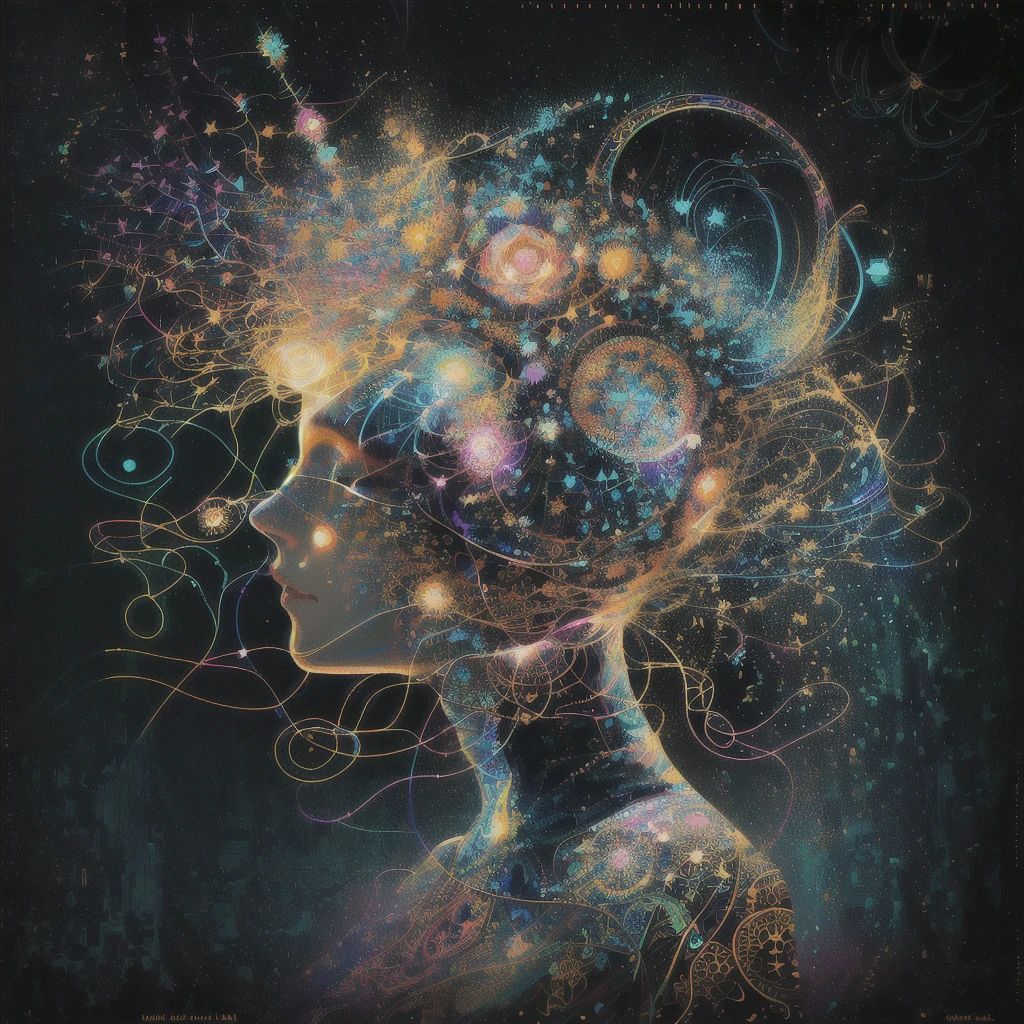 painting of a woman with a head full of colorful lines, synesthesia, cosmic energy wires, intricate digital painting, elaborate digital art, lucid and intricate, highly intricate in technicolor, distributed consciousness, intricate transhuman, psychedelic interconnections, dreamy art, intricate digital artwork, circuitry visible in head, by Kurt Roesch, beautiful digital artwork