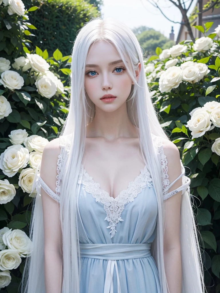 Long white hair, blue eyes, serious features, white skin, loose style, in a garden, with flowers 