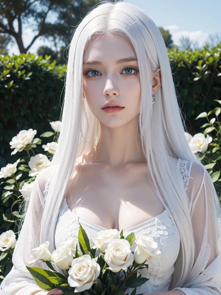 Long white hair, blue eyes, serious features, white skin, loose style, in a garden, with flowers 