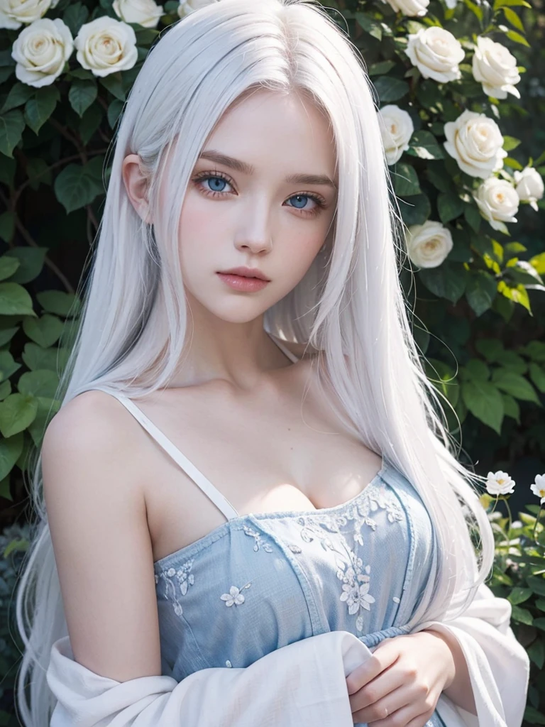 Long white hair, blue eyes, serious features, white skin, loose style, in a garden, with flowers 