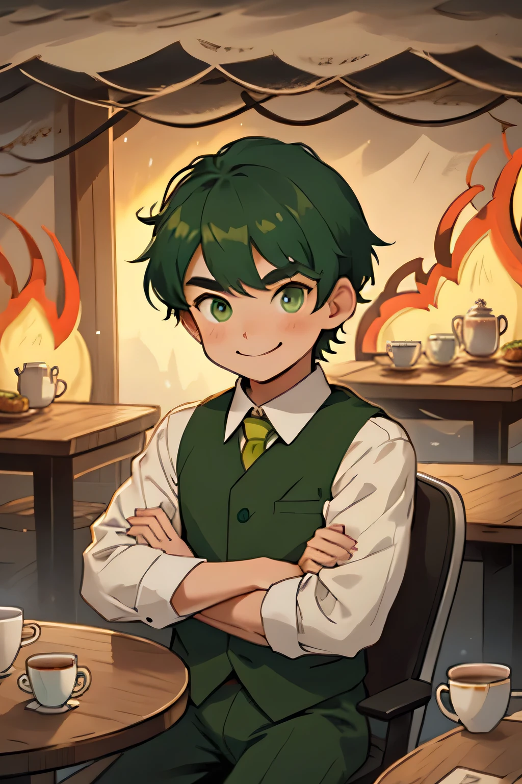 1boy, brow hair, (smile, green eyes, suit, cup, holding), fire, this is fine \(meme\),