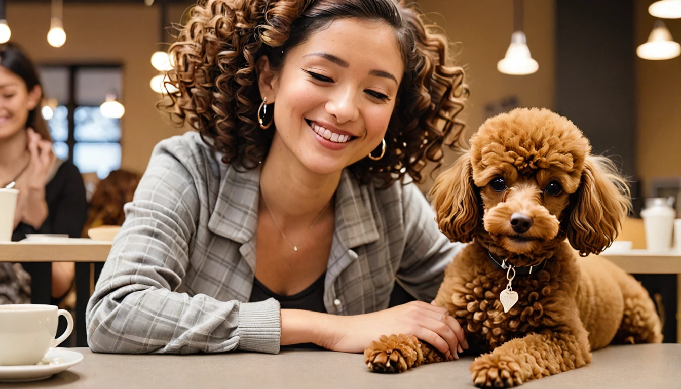 A young woman in her 20s sitting at a table in a dog cafe, chair slightly pulled out. A small brown toy poodle curled up asleep on her lap. The woman is smiling warmly while gently petting the sleeping poodle. Cozy cafe interior visible in the background. Soft lighting, intimate atmosphere, heartwarming scene.