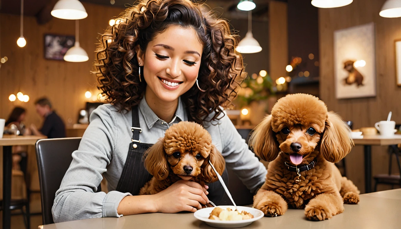 A young woman in her 20s sitting at a table in a dog cafe, chair slightly pulled out. A small brown toy poodle curled up asleep on her lap. The woman is smiling warmly while gently petting the sleeping poodle. Cozy cafe interior visible in the background. Soft lighting, intimate atmosphere, heartwarming scene.