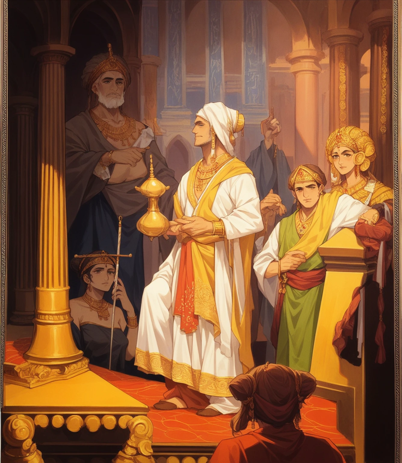 Create a digital artwork of an Indian king chhatrapati shivaji being coronated in an ancient palace. The king is dressed in traditional royal attire with elaborate headgear and jewelry, holding a ceremonial sword and idol. He is surrounded by courtiers and attendants who are wearing traditional Indian clothing. The palace is grand and ornately decorated, with golden pillars, intricate carvings, and garlands. In the background, women are watching the ceremony from a balcony. The scene is vibrant, full of rich colors and intricate details, reflecting the historic and cultural significance of the event.