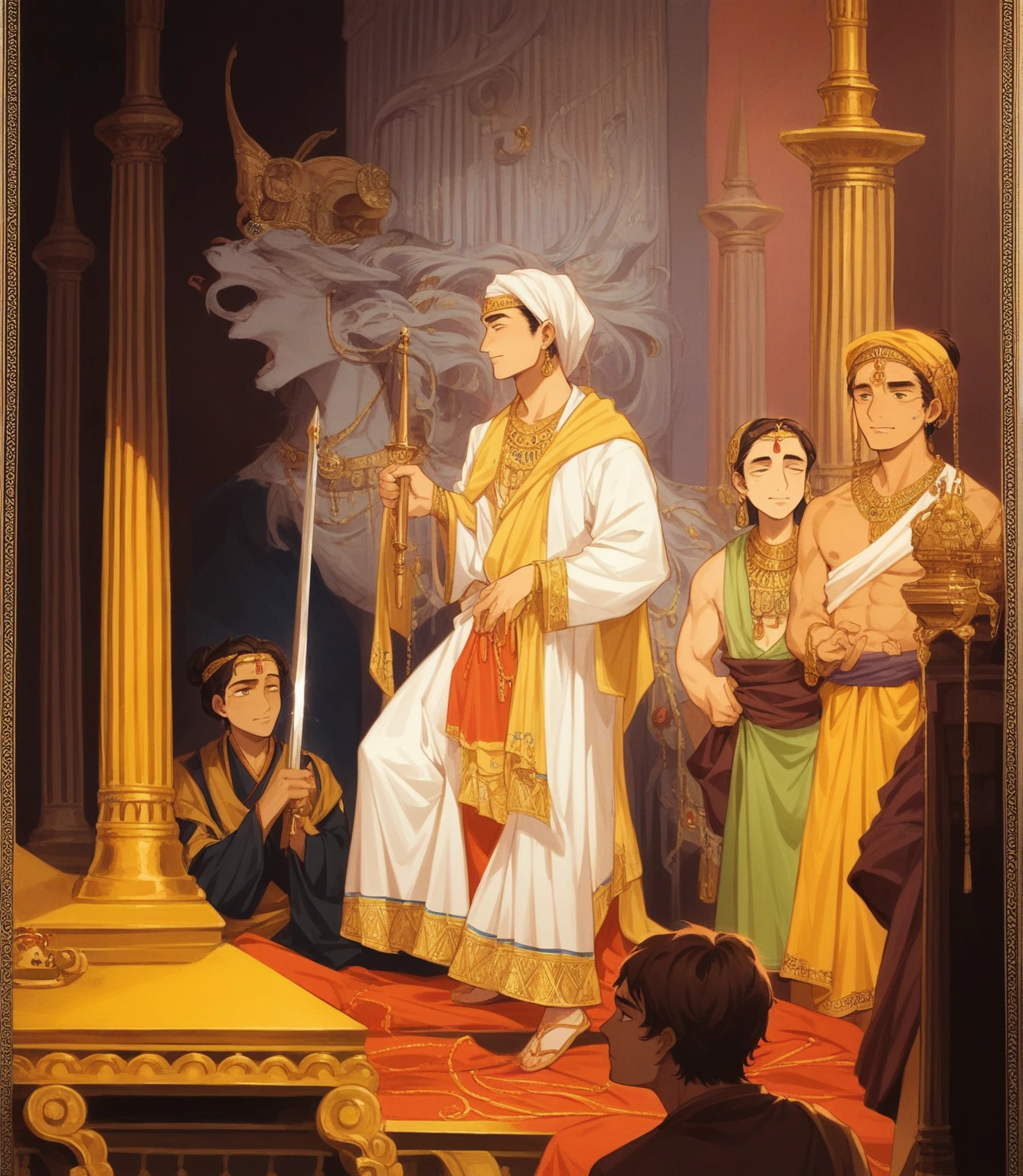 Create a digital artwork of an Indian king chhatrapati shivaji being coronated in an ancient palace. The king is dressed in traditional royal attire with elaborate headgear and jewelry, holding a ceremonial sword and idol. He is surrounded by courtiers and attendants who are wearing traditional Indian clothing. The palace is grand and ornately decorated, with golden pillars, intricate carvings, and garlands. In the background, women are watching the ceremony from a balcony. The scene is vibrant, full of rich colors and intricate details, reflecting the historic and cultural significance of the event.