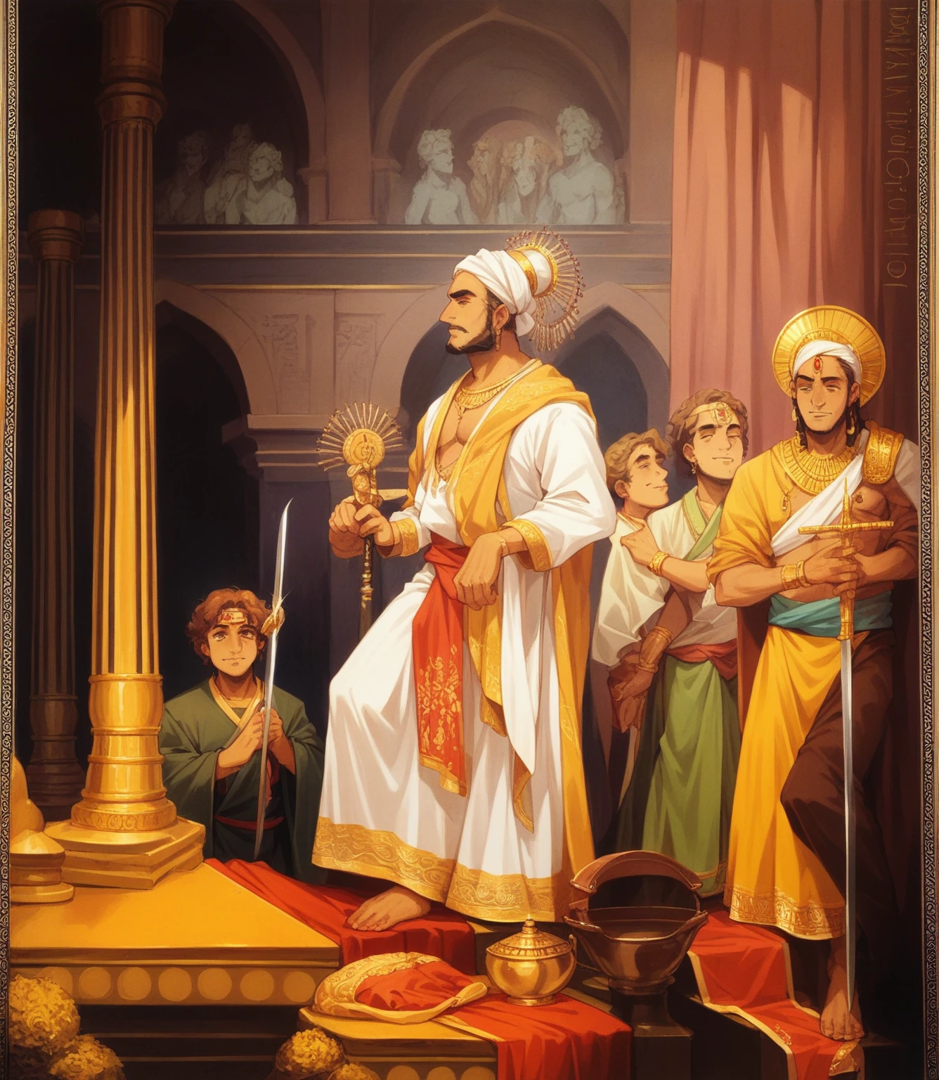 Create a digital artwork of an Indian king chhatrapati shivaji being coronated in an ancient palace. The king is dressed in traditional royal attire with elaborate headgear and jewelry, holding a ceremonial sword and idol. He is surrounded by courtiers and attendants who are wearing traditional Indian clothing. The palace is grand and ornately decorated, with golden pillars, intricate carvings, and garlands. In the background, women are watching the ceremony from a balcony. The scene is vibrant, full of rich colors and intricate details, reflecting the historic and cultural significance of the event.