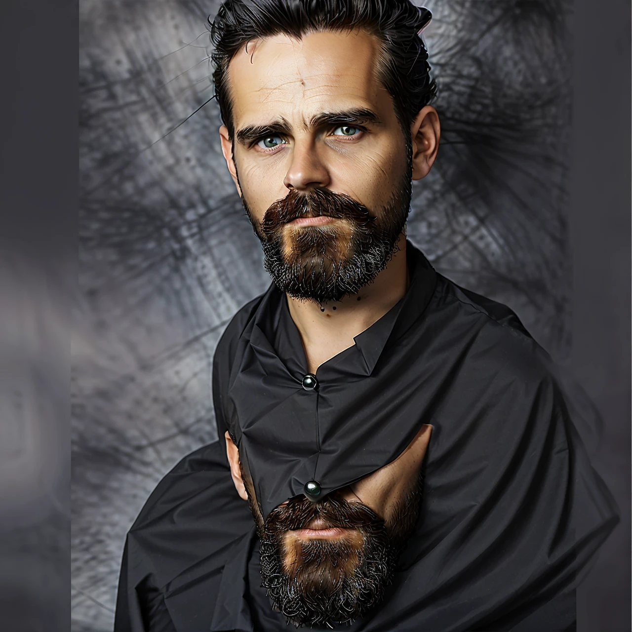Priest catholique dark face scretch satanique, transparent eyes rolled back, semi-long hair, beard, dress that covers hair, eat a bloody heart , looking to the left side, corne de bouc longue et enroulée, sketch noir et blanc