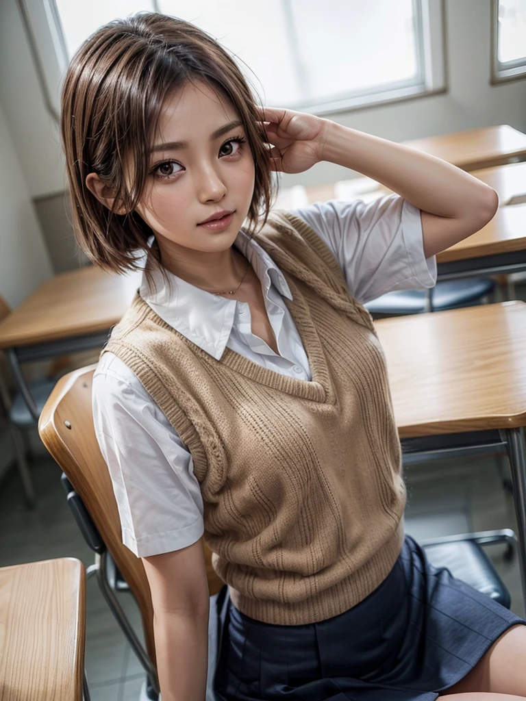 Masterpiece, Top Quality, Top Mikoto, brown eyes, short hair, small breasts, looking at viewer, alone, closed mouth, collared shirt, beige knit vest, dark blue  Skirt, school_uniform, shirt, white_shirt, classroom,Masterpiece, highest quality, 8K, detailed skin texture, fine cloth texture, beautiful detailed face, intricate details, super detailed,cute,cute posing,composition that shows the whole body,