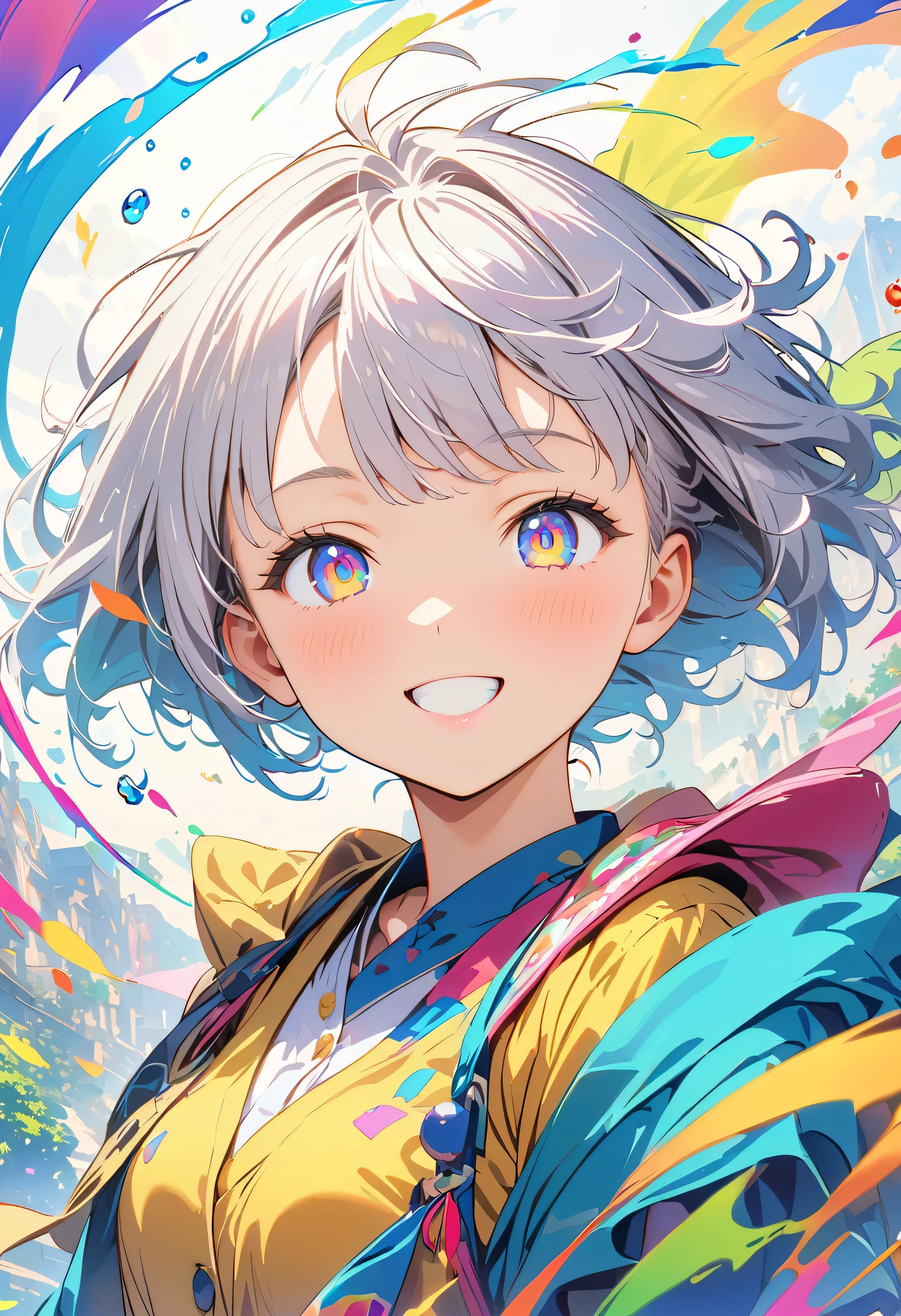 (masterpiece, Highest quality, Official Art:1.2), (colorful), Looking at the audience, One Girl, alone, White Background, floating colorful water, Ultra-fine illustrations, highly detailed, Dynamic Angle, beautiful detailed, 8K, break smiling amidst the colorful scenes, (Highest quality, masterpiece, High resolution, detailed), Anime Style, (Shining Eyes, detailed美しい顔), break,Dynamic Angle