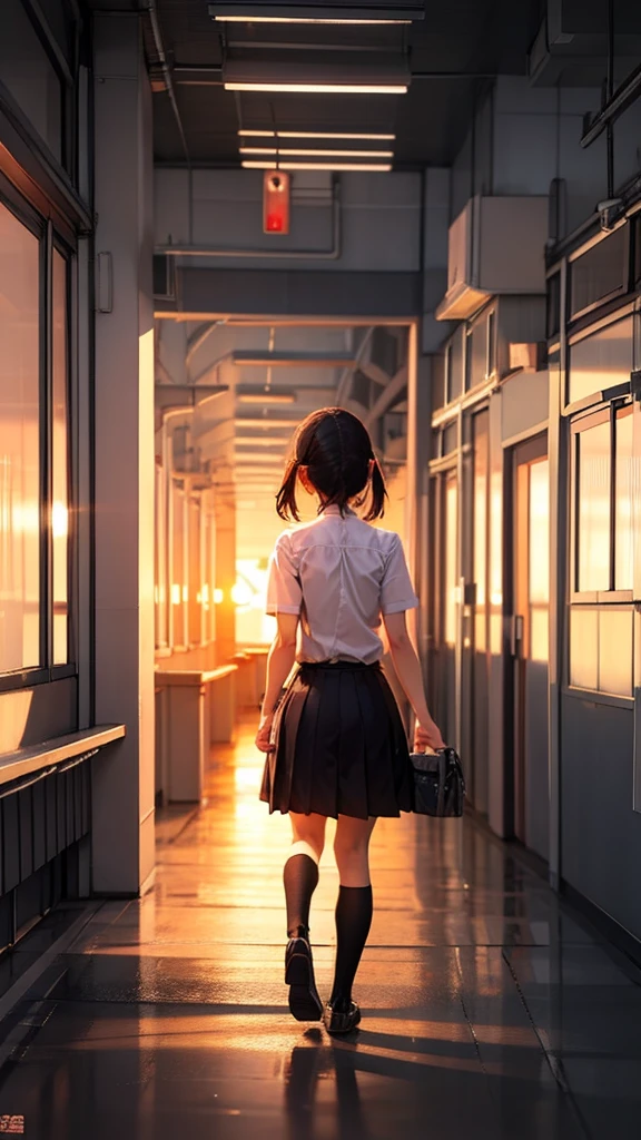 1 Girl, School corridor, , From behind, Walk Away, sunset,, masterpiece, Highest quality, Very detailed