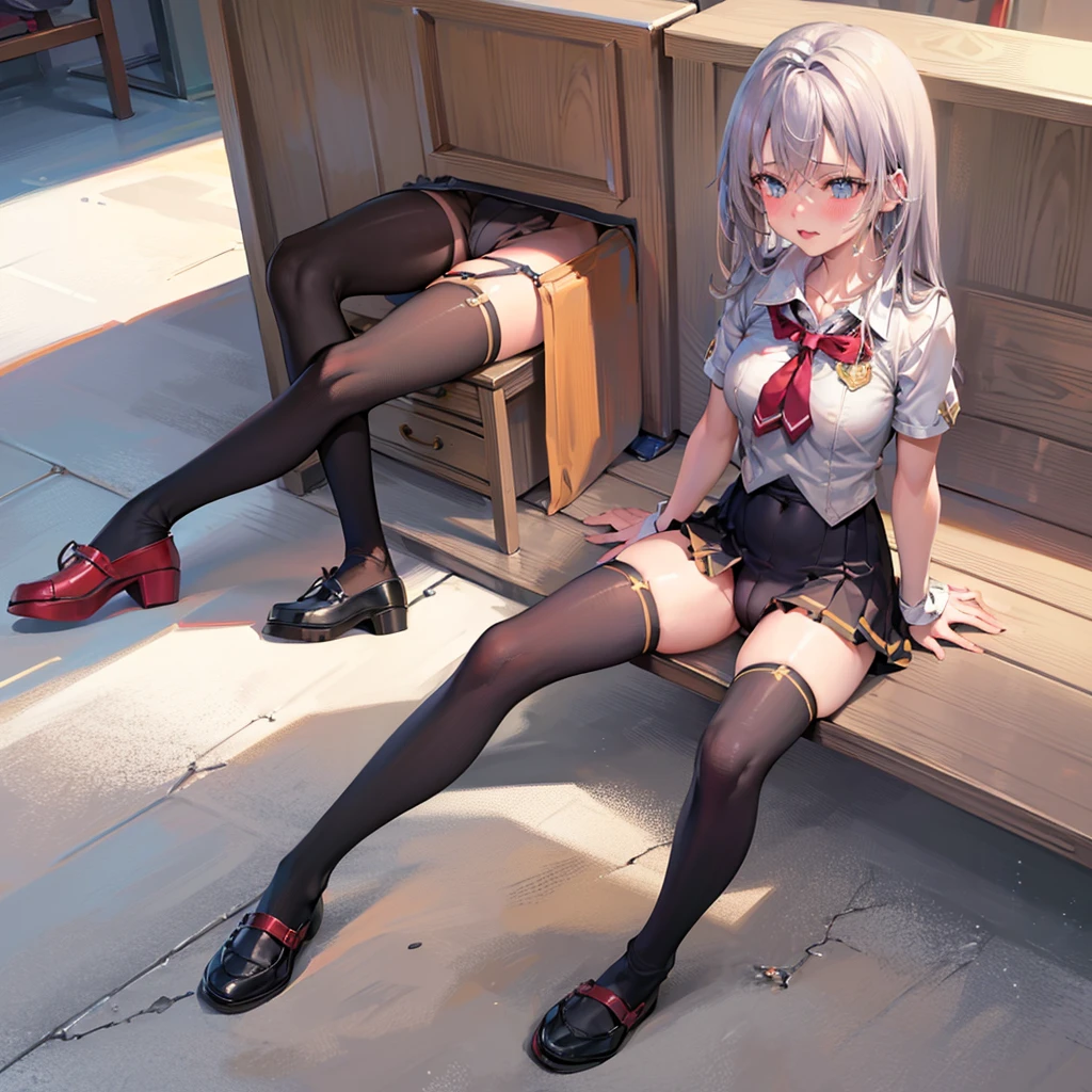 masterpiece, best quality, 1girl, solo,alisa kujou,schooluniform,nsfw,sitting ,(spread legs:1.4),legs wide open,leg up,(arm support:1.4),(cameltoe:1.3),shoes,