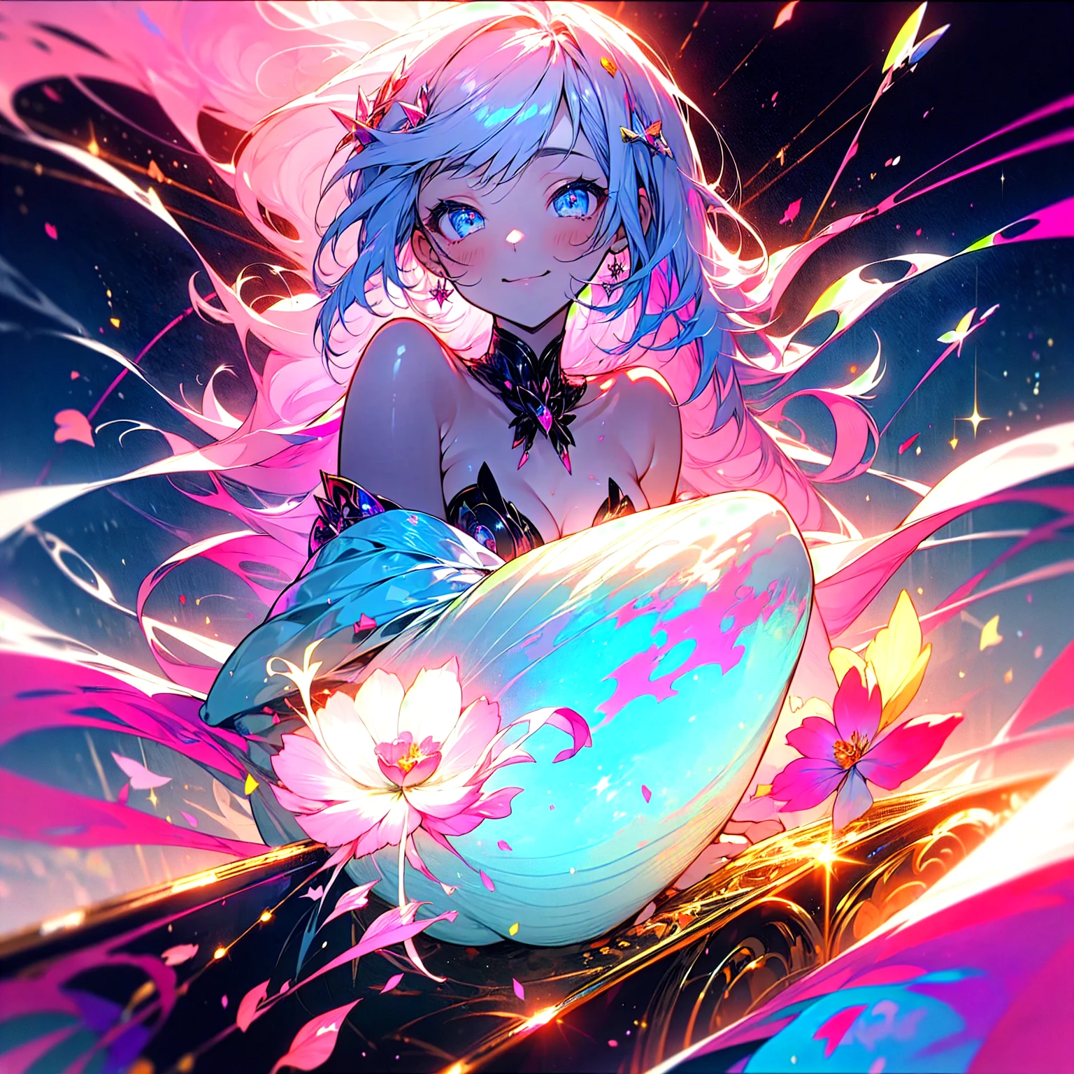 (Beautiful and aesthetic:1.2)、(1 Girl:1.3)、(Black and pink hair:1.2)、Wearing a wedding dress、Cosmos、miracle、happinessそうなsmile、smile、happiness、Cosmosが咲き誇る、Fantastic space、