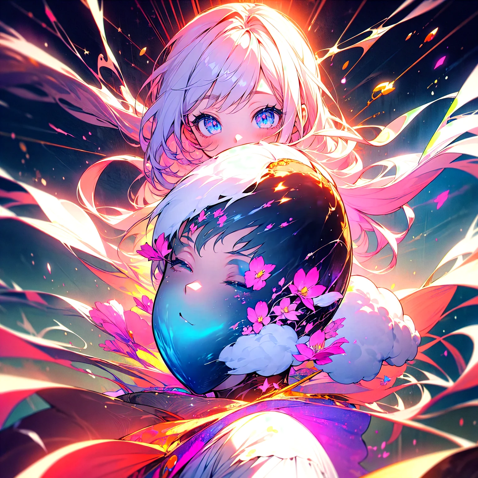 (Beautiful and aesthetic:1.2)、(1 Girl:1.3)、(Black and pink hair:1.2)、Wearing a wedding dress、Cosmos、miracle、happinessそうなsmile、smile、happiness、Cosmosが咲き誇る、Fantastic space、