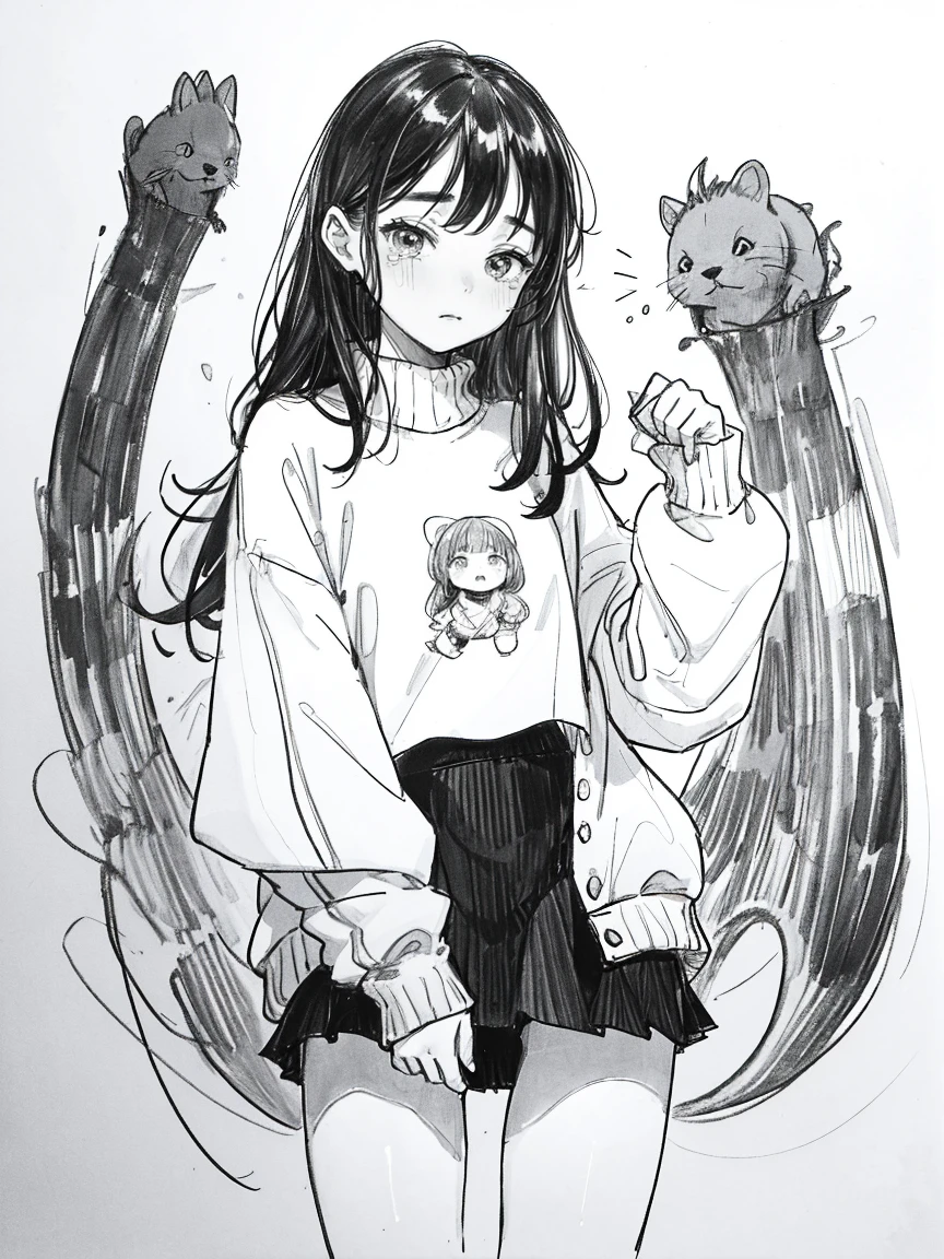 One Girl,Line art,Monochrome,sketch,Pencil drawing,Traditional Media,One Girl, Upper body,She's in trouble,pattern,sweater,Beaver ,Delicate body、mini skirt、black tights、Open leg pose、, Long sleeve, With legs apart, alone、(Cute Teenage Girl, alone),Beautiful portrait、Respect、Crying face、Seeking help、Black-haired、