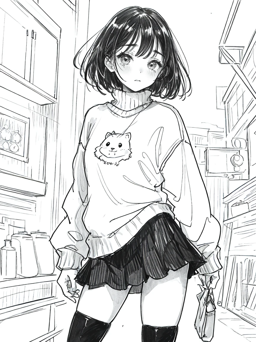 One Girl,Line art,Monochrome,sketch,Pencil drawing,Traditional Media,One Girl, Upper body,She's in trouble,pattern,sweater,Beaver ,Delicate body、mini skirt、black tights、Open leg pose、, Long sleeve, With legs apart, alone、(Cute Teenage Girl, alone),Beautiful portrait、Respect、Crying face、Seeking help、Black-haired、