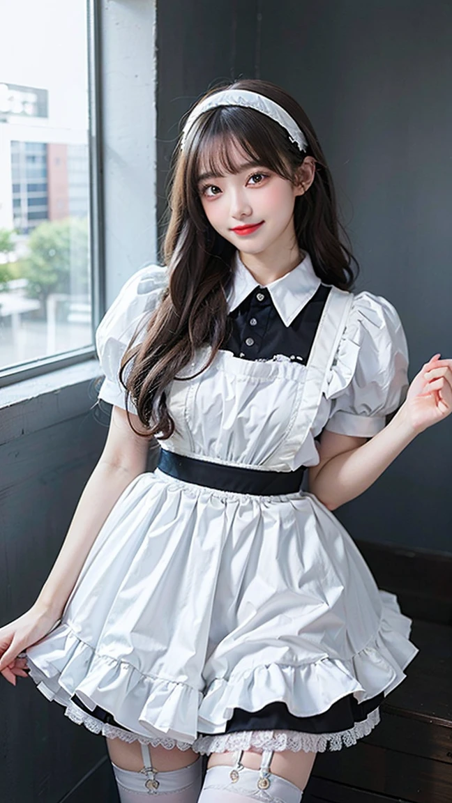 (masterpiece), (Very detailed), (Super detailed), (One girl, cute:1.3), View your viewers, corset jumper skirt, break (White garter belt, White Stockings, White apron:1.4), break (Pale blue clothes, White shirt, Short puff sleeves:1.4), Beautiful black hair, (Braiding), (Beautiful and exquisite black eyes:1.2), Leaning forward, indoor, at the diner, smile, garden, Gives energy,, (Embarrassing:0.8),  