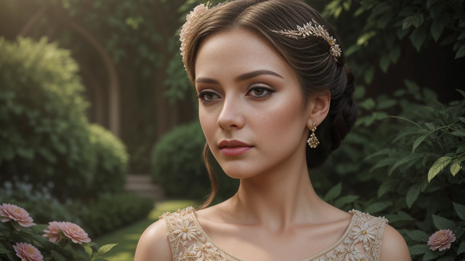 A beautiful young woman in an elegant garden, highly detailed, realistic, 1girl, detailed eyes, detailed face, detailed lips, long eyelashes, flowing dress, graceful pose, photorealistic, 8k, hyperdetailed, cinematic lighting, warm color tones, glowing skin, lush greenery, detailed flowers, intricate patterns, dramatic shadows, stunning realism, masterpiece