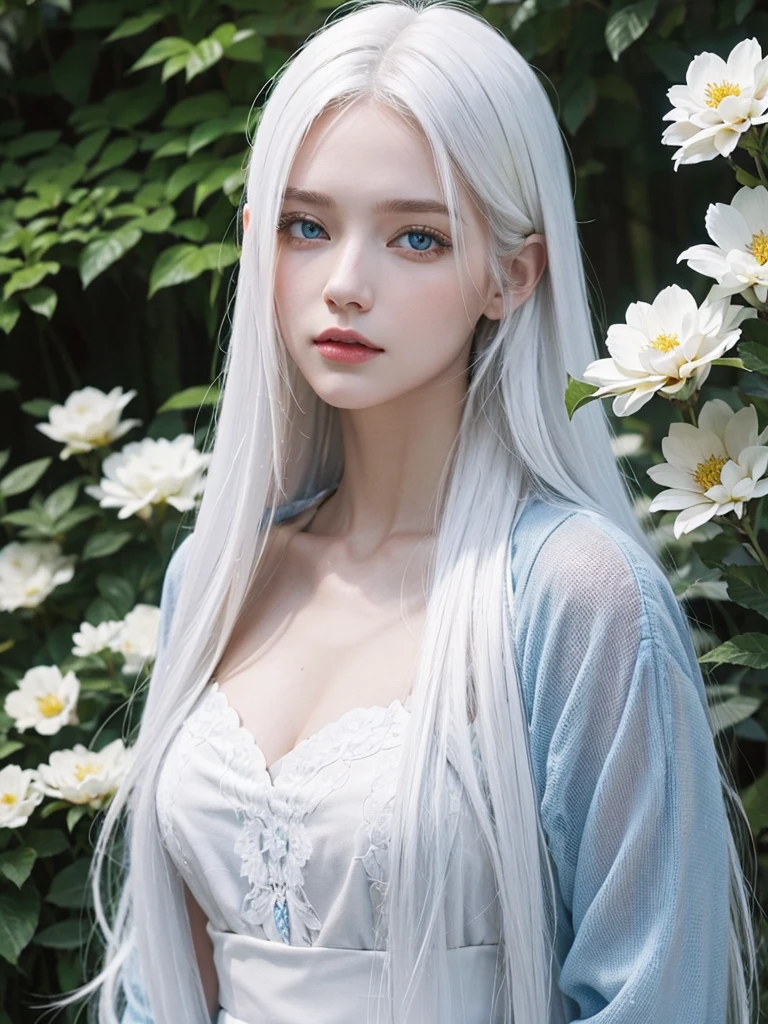 Long white hair, blue eyes, serious features, white skin, loose style, in a garden, with flowers , in the forest