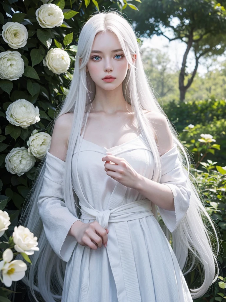 Long white hair, blue eyes, serious features, white skin, loose style, in a garden, with flowers , in the forest