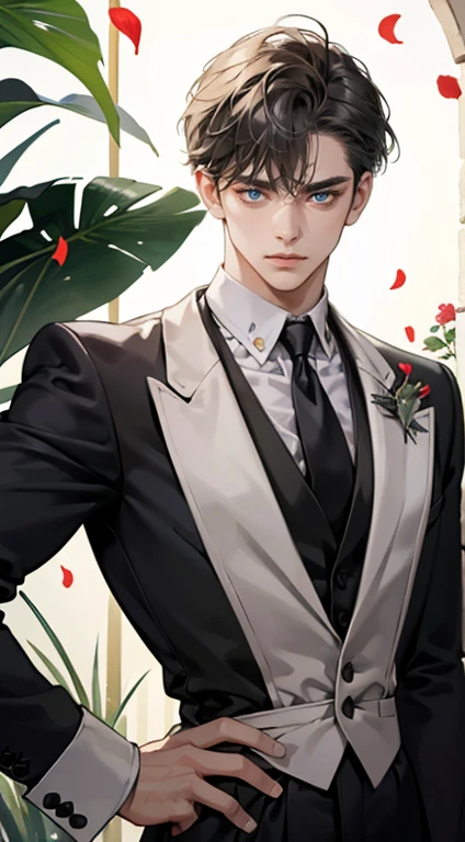 ((masterpiece)),(((best quality))), (detailed light) (detailed shadow), (high quality, breathtaking),(expressive eyes, perfect face), 1man, solo, male, tall, (mature), board shoulder, muscular, short grey Quiff hair with Soft Fringe (bangs part on side 3:7 ratio), green eyes, no smiling, black suit, black tie, Amaryllis flower background, flower petal flying, windy, look at viewer, 31 years
