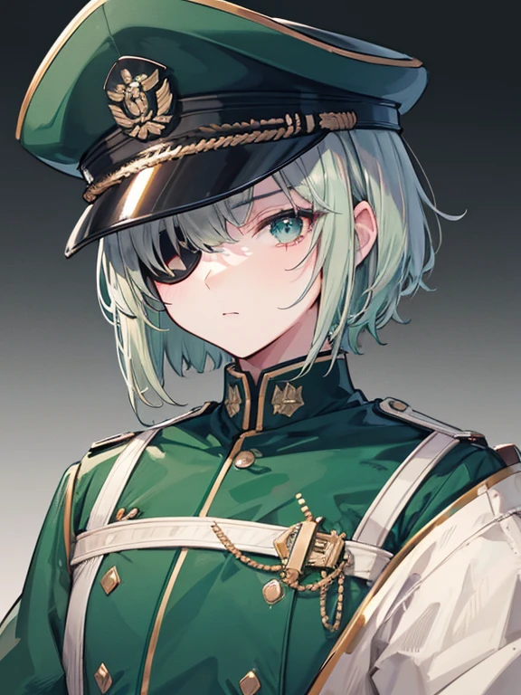 perspective, Depth of written boundary, bust, Upper Body, Movie angle, Highest quality, Super detailed, CG, 8k wallpaper, , male，Japanese Army，uniform，military cap，green，Silver Hair，Short Hair，right eye，Eye patch，