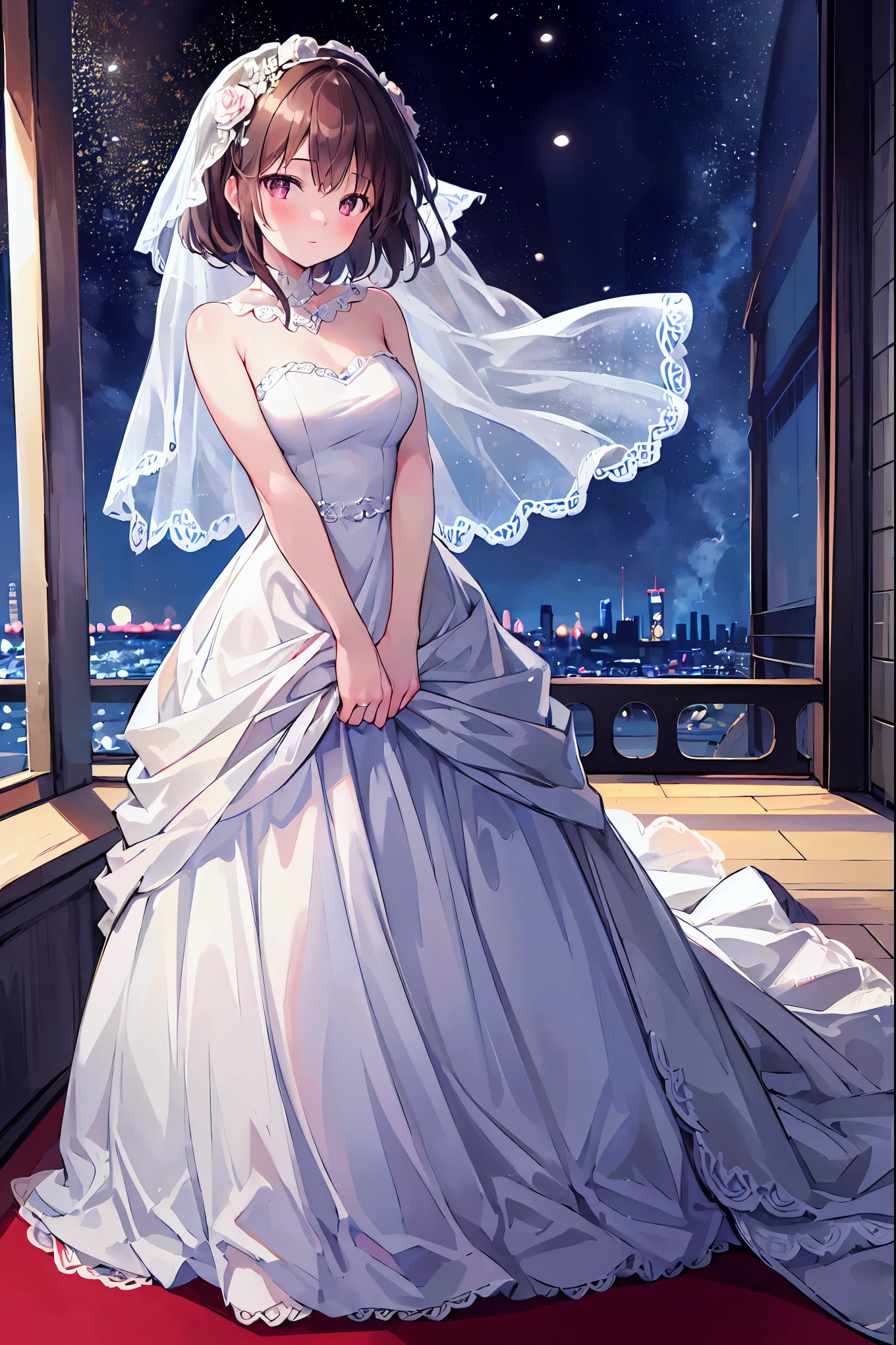 (Highest quality, High resolution, masterpiece:1.2,), figure, night, One girl, whole body, (Wedding dress), Put your arms behind your back, Wait for a kiss, View your viewers, Happy, blush,