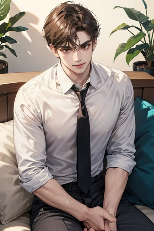 (table top, digital art, digital illustration, 4K, 8K, super detailed, beautiful images, clear image, realistic, RAW photo, perfect face, perfect lines, perfect eyes, soft lighting) Humanの男性1名, (bionde,brown eyes,hair between eyes,hair is dirty,short hair,Expressionless,Goofy face,Parallel eyebrows,narrow eyes,smile gently,Human,28 years old:1.3),handsome man, (Human,business shirt,tie,Thin macho,Firm shoulder width,adult male:1.2),small plants,sleepy face,Frantically opening your eyes,Loosen the tie,5 minutes before work,Living alone in a 1LDK,Hairstyle check,in the room,Vintage Sofa,Double sofa,Simple Western-style room,white wall,Relax your pants,erection,swollen crotch,hard penis