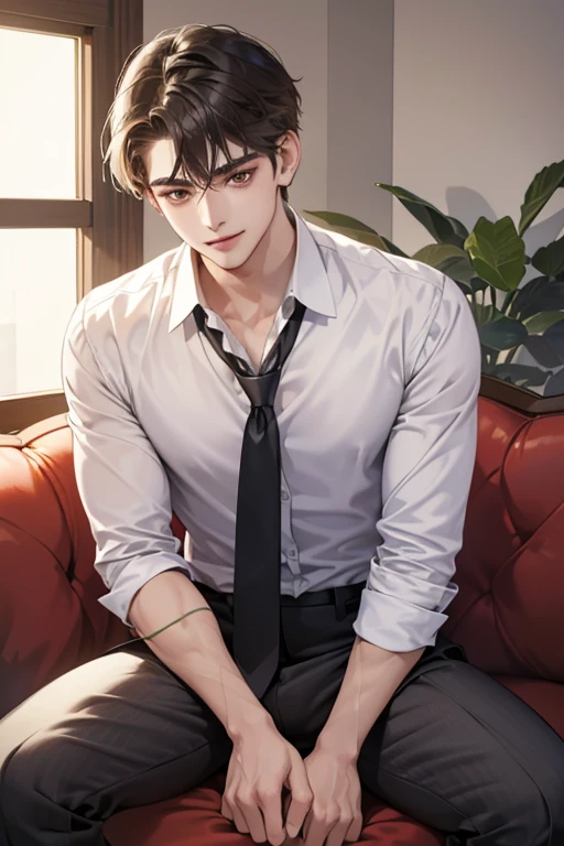 (table top, digital art, digital illustration, 4K, 8K, super detailed, beautiful images, clear image, realistic, RAW photo, perfect face, perfect lines, perfect eyes, soft lighting) Humanの男性1名, (bionde,brown eyes,hair between eyes,hair is dirty,short hair,Expressionless,Goofy face,Parallel eyebrows,narrow eyes,smile gently,Human,28 years old:1.3),handsome man, (Human,business shirt,tie,Thin macho,Firm shoulder width,adult male:1.2),small plants,sleepy face,Frantically opening your eyes,Loosen the tie,5 minutes before work,Living alone in a 1LDK,Hairstyle check,in the room,Vintage Sofa,Double sofa,Simple Western-style room,white wall,Relax your pants,erection,swollen crotch,hard penis