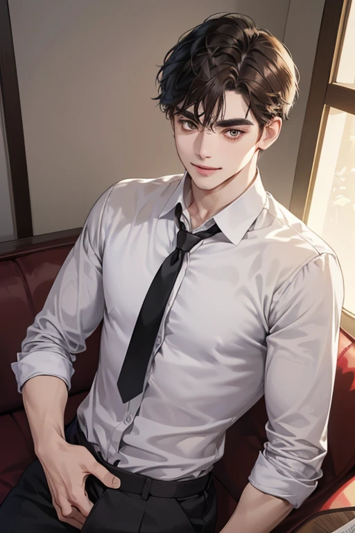 (table top, digital art, digital illustration, 4K, 8K, super detailed, beautiful images, clear image, realistic, RAW photo, perfect face, perfect lines, perfect eyes, soft lighting) Humanの男性1名, (bionde,brown eyes,hair between eyes,hair is dirty,short hair,Expressionless,Goofy face,Parallel eyebrows,narrow eyes,smile gently,Human,28 years old:1.3),handsome man, (Human,business shirt,tie,Thin macho,Firm shoulder width,adult male:1.2),small plants,sleepy face,Frantically opening your eyes,Loosen the tie,5 minutes before work,Living alone in a 1LDK,Hairstyle check,in the room,Vintage Sofa,Double sofa,Simple Western-style room,white wall,Relax your pants,erection,swollen crotch,hard penis