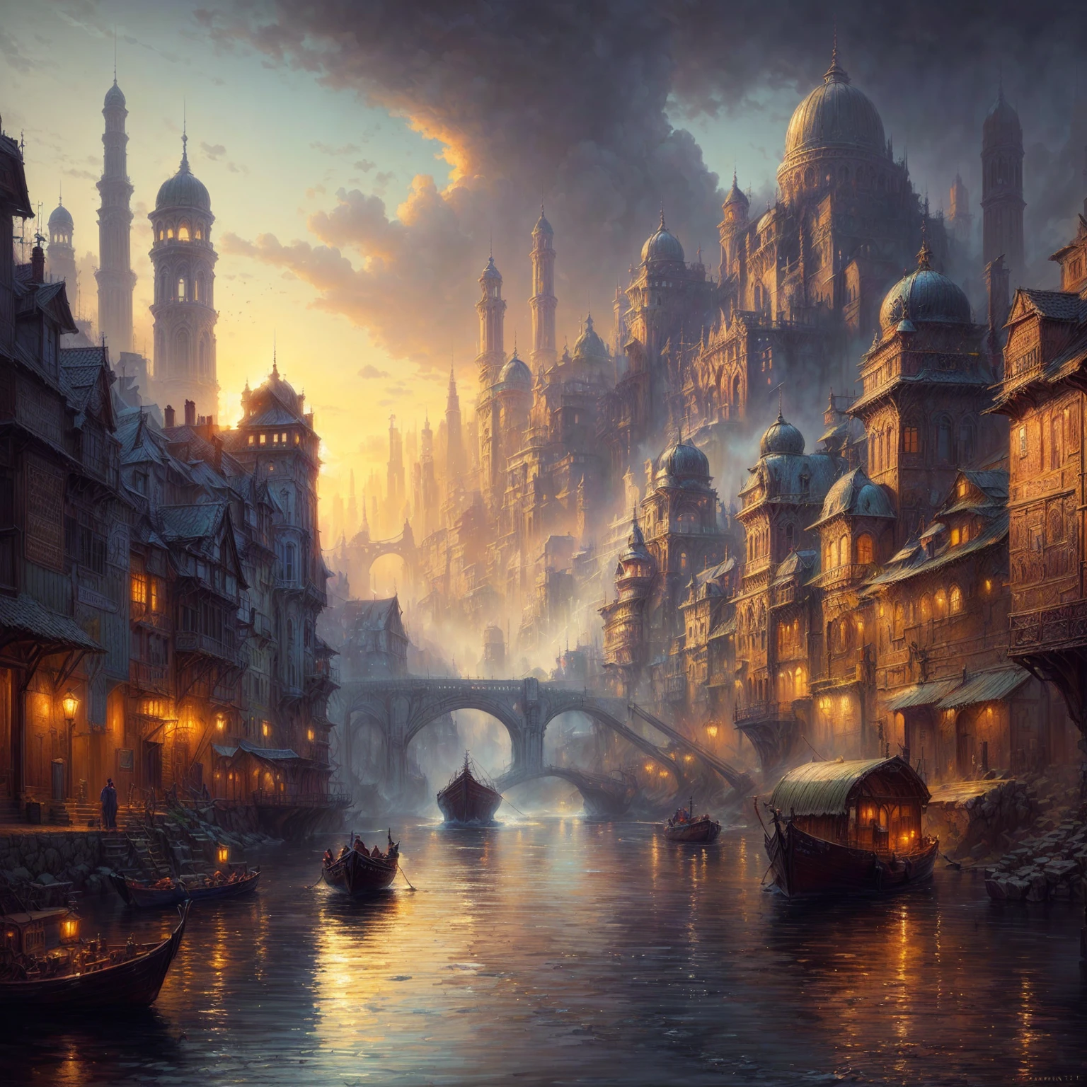 painting of a city with a river and a bridge with a boat, marc simonetti. intricate, fantasy cityscape, 4k highly detailed digital art, beautiful oil matte painting, elaborate matte painting, 8k stunning artwork, amazing exquisite matte painting, exquisite matte painting, beautiful matte painting, andreas rocha style, beautiful art uhd 4 k, stunning matte painting