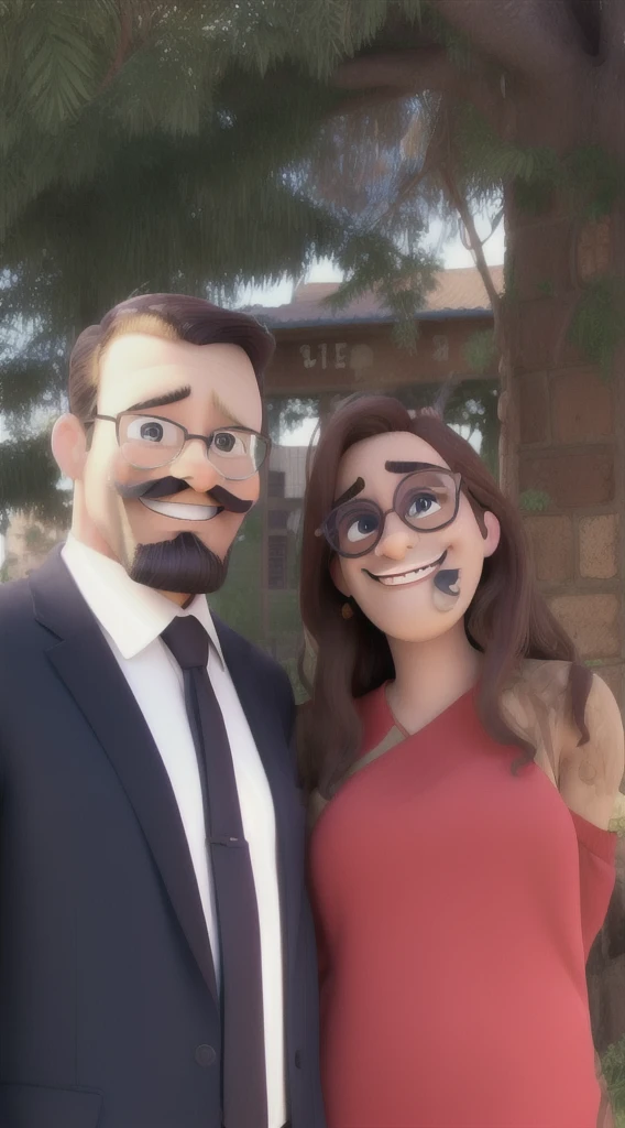 man in a suit, with mustache and beard, Grinning. E mulher com óculos Grinning